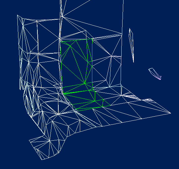 The green surface in the middle represents a single leaf. All those tiny sliver triangles around its boundaries were generated by axis-aligned splits and weren’t present in the input mesh. What a mess.
