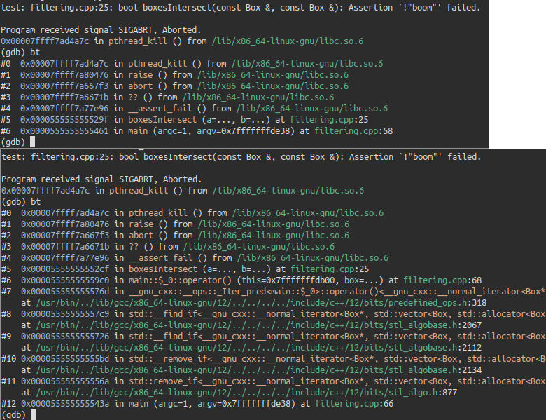 Stack traces of a failing predicate with “Copy from end” vs std::remove_if().
