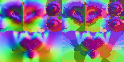 An early experiment to validate the approach on a high-res normal map. Left: The original object-space normal map. Right: Compressed to a 32-color palette.