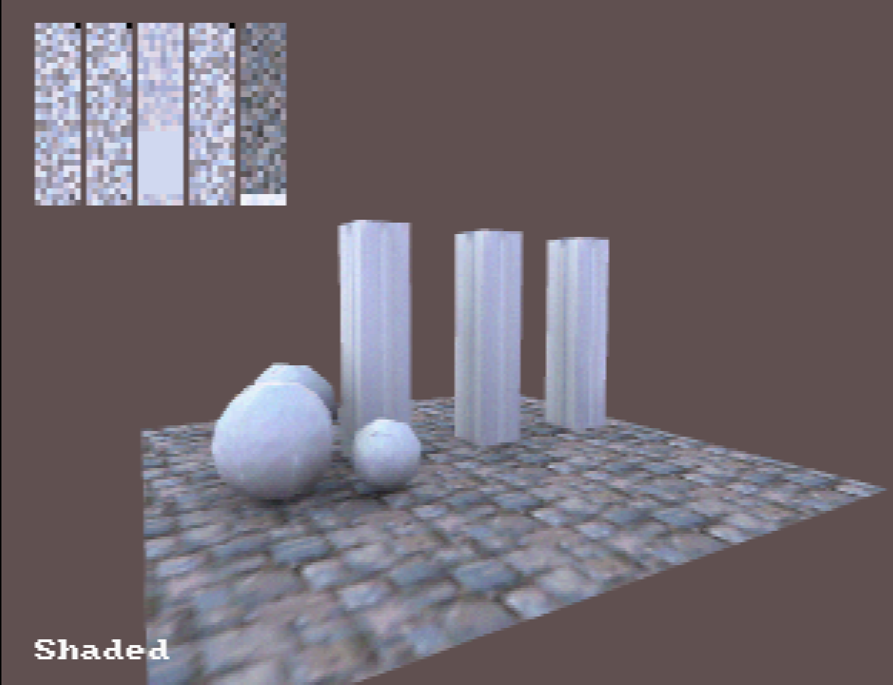 Image-based ambient lighting. In this image only an ambient sky light is enabled. Also shows the palettes used (top left corner).