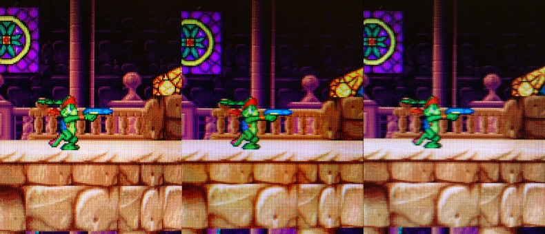 A 640x480 screenshot on an old 24” 1080p LCD monitor (Samsung 2494HS) with different input signals. Left: HDMI. Center: VGA. Right: VGA with less “sharpness”.