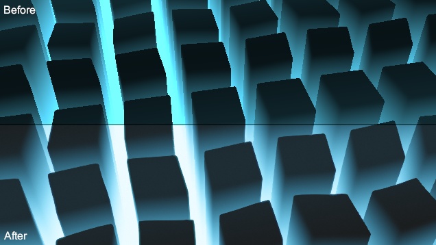 The example scene before and after post processing.