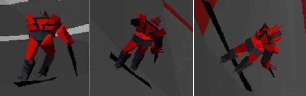 Hyperblade (1996, PC) projects a simplified planar shadow that moves. It’s not perfect as seen in the rightmost image. Stills from a video by Bit Games Reviews.