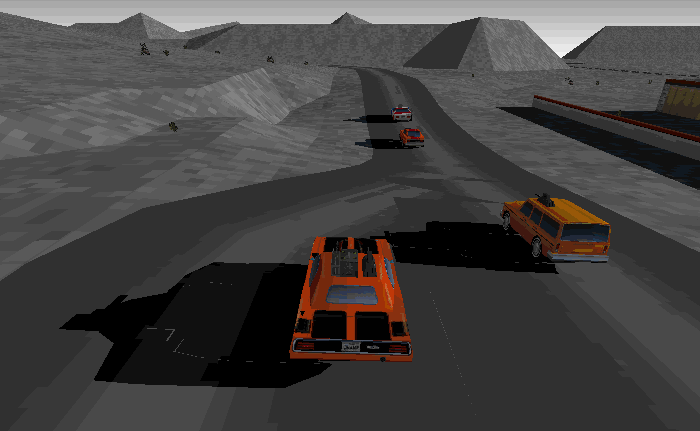 Interstate ’76 (1997, PC) has sun casting tilted planar shadows on terrain.