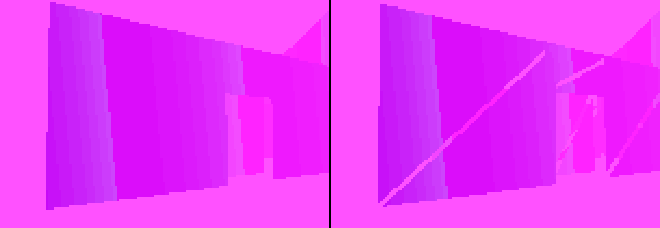 If all occluder triangles are rendered inner-conservatively quads will show cracks on their diagonal (right). This wall consists of three convex quad occluders.